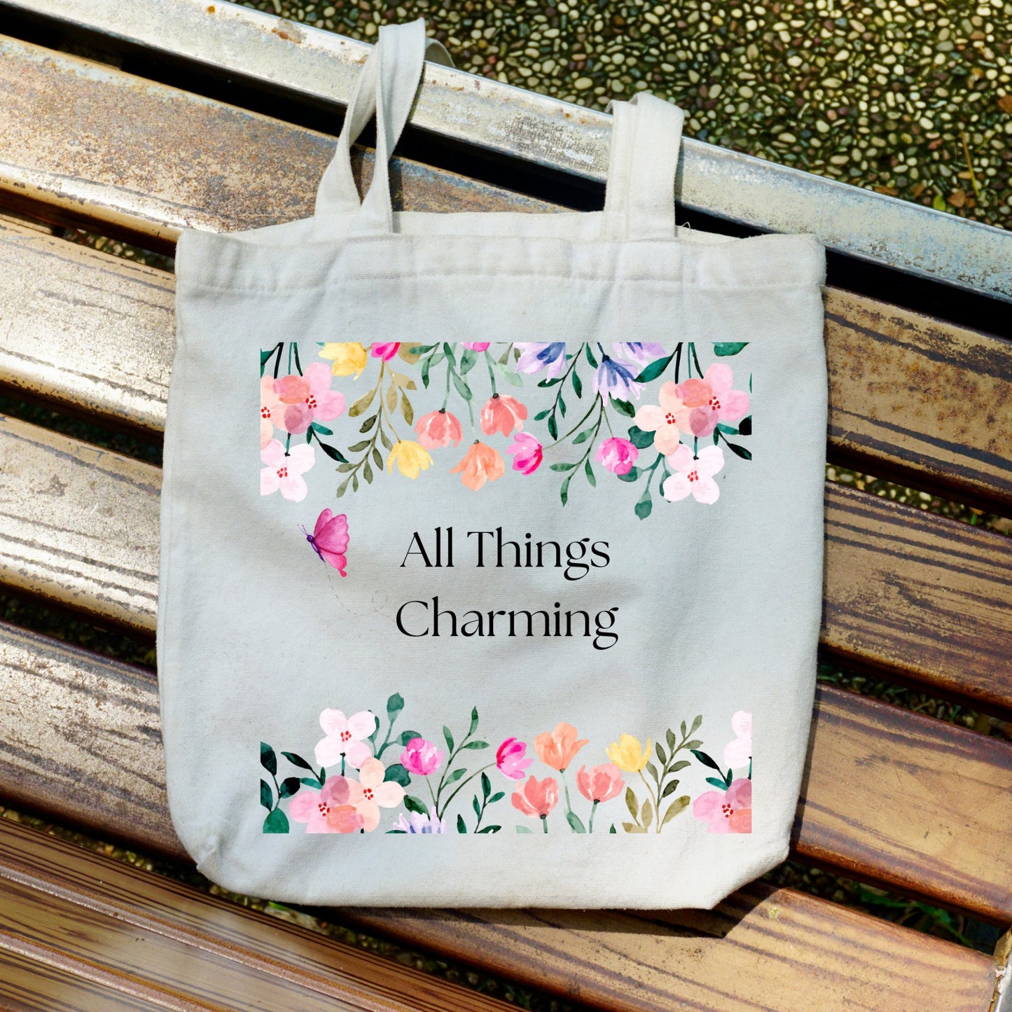 Floral canvas tote bag with All Things Charming design, 13x14 reusable gift tote for everyday use