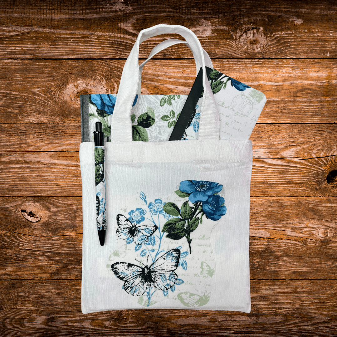 Blue Floral Travel Journal Stationery Set β Journal, Pocket Notebook, Pen & Mini Tote - Splash of Charm