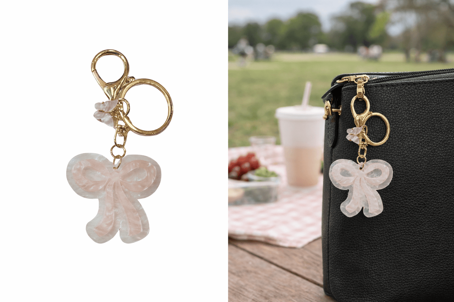 Blush Acrylic Bow Purse Charm Keychain – Gold Hardware Bag Accessory - Splash of Charm