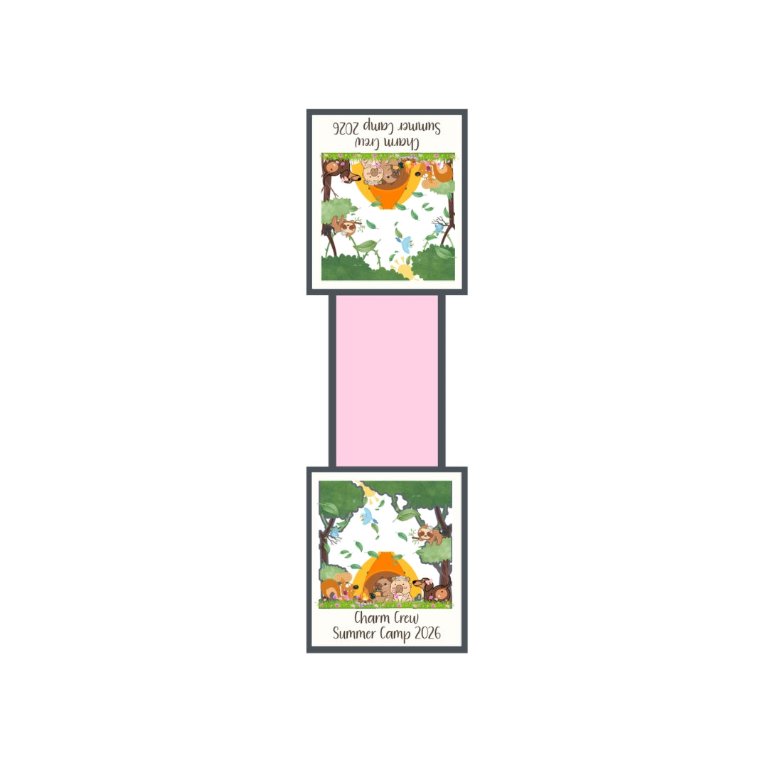 Handmade laminated Charm Crew Summer Camp magnetic bookmark with a pink center and charcoal border featuring the Charm Crew camping design.