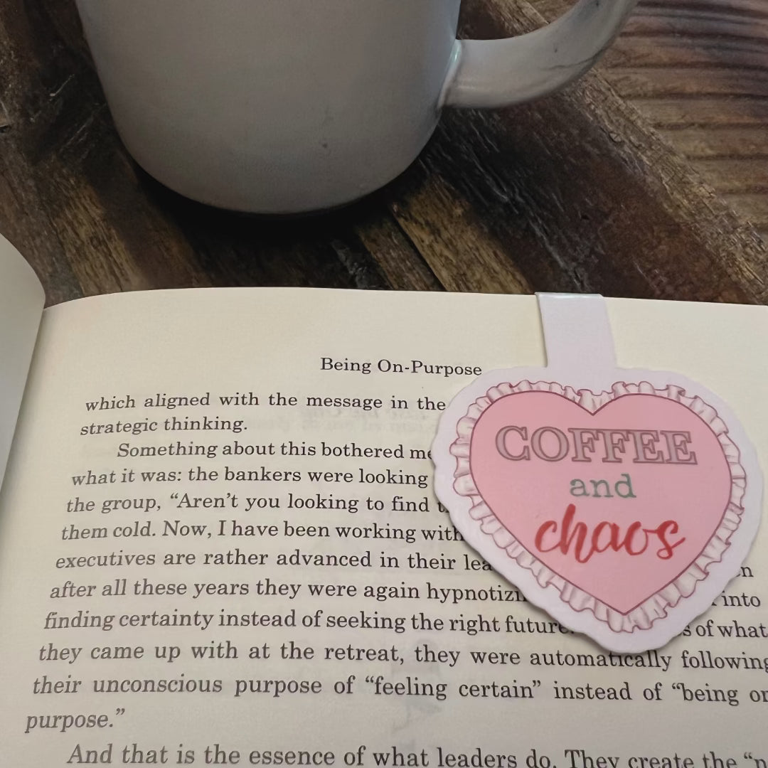 Coffee and Chaos Pink Heart Magnetic Bookmark – Fun Book Lover Gift - Splash of Charm