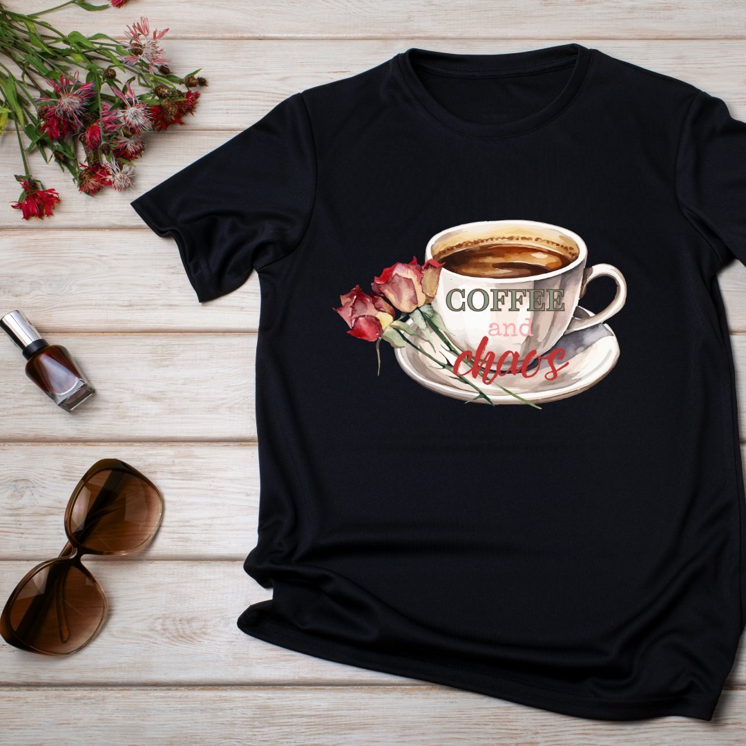 Coffee Cup and Vintage Red Roses T-Shirt – Floral & Fun Graphic Tee - Splash of Charm