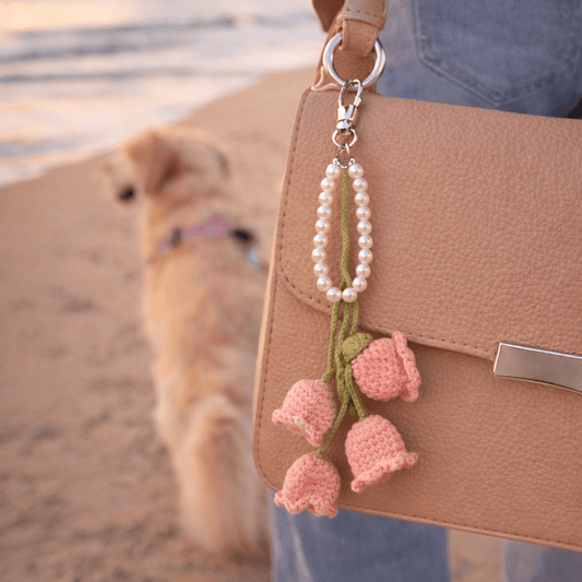 Crochet Flower Purse Charm with Pearl Wristlet – Handmade Floral Bag Charm - Splash of Charm