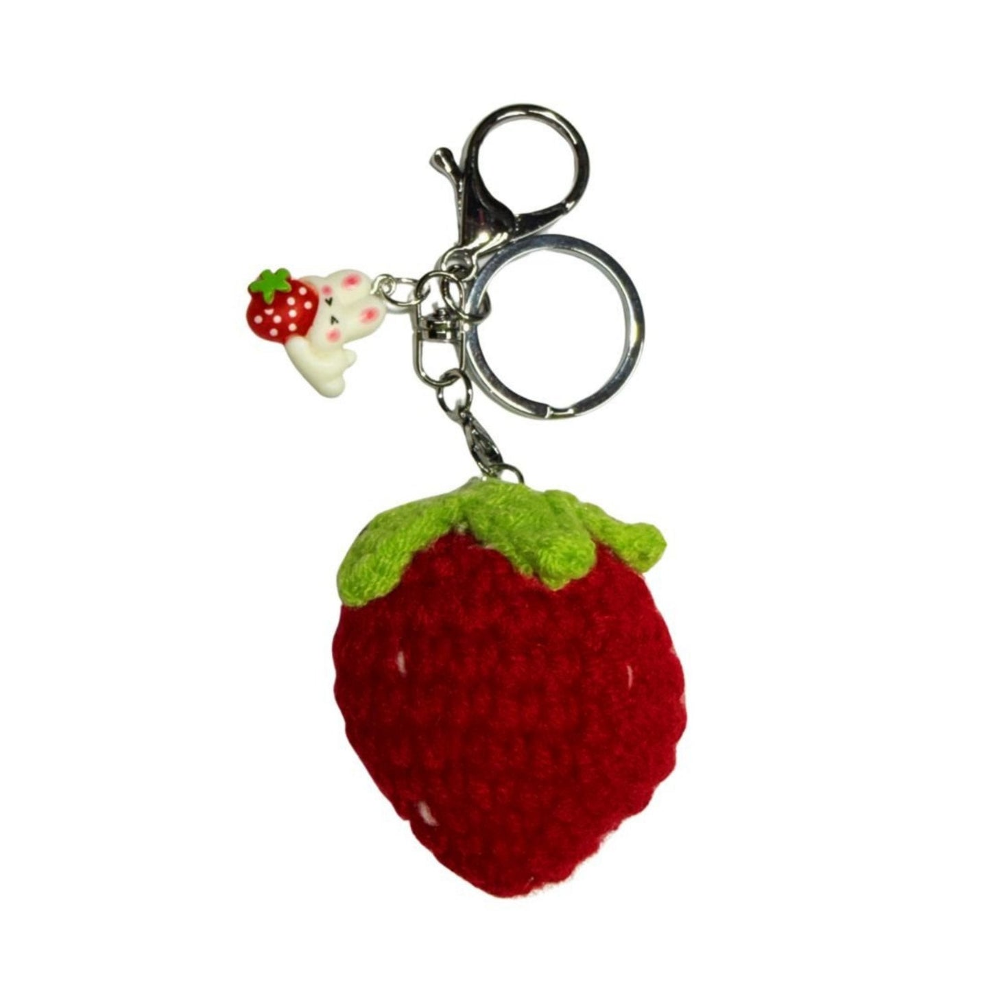 Crochet Strawberry Bag Charm Keychain with Bunny Charm – Cute Purse Accessory - Splash of Charm