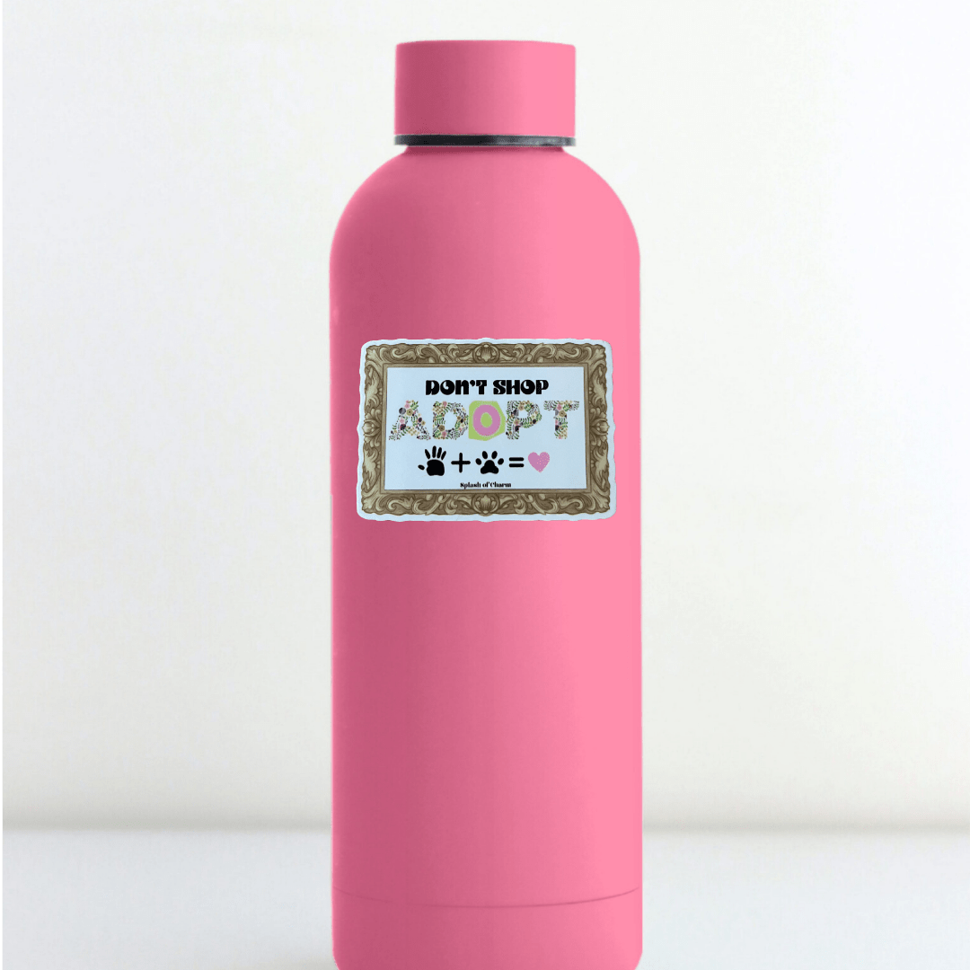 Don’t Shop Adopt sticker applied to pink water bottle lifestyle image