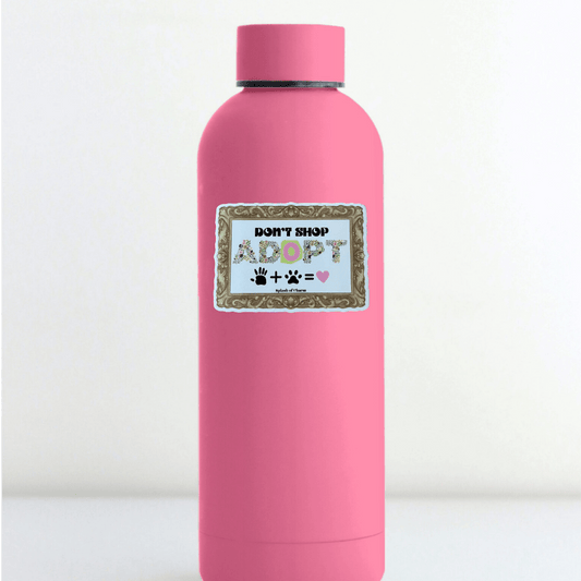 Don’t Shop Adopt sticker applied to pink water bottle lifestyle image