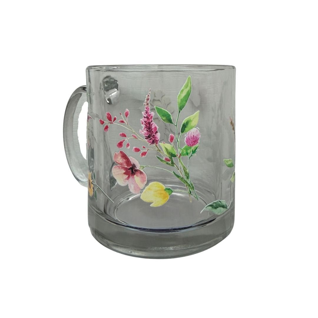 Floral Glass Mug 13 oz – Libbey Robusta Clear Mug with Soft Life Wildflower  Design