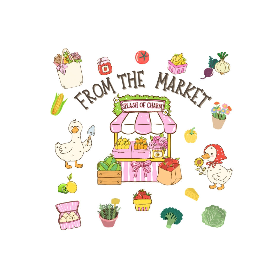 From the Market reusable canvas tote featuring geese, fresh produce, florals, and the Splash of Charm market stand artwork.
