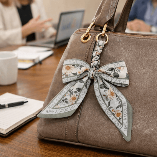 Have a Good Day Floral Bow Scarf Purse Charm | Sage Green Bag Accessory - Splash of Charm