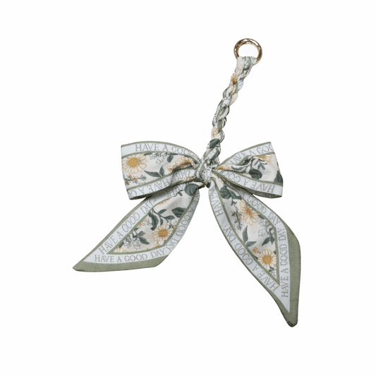 Have a Good Day Floral Bow Scarf Purse Charm | Sage Green Bag Accessory - Splash of Charm