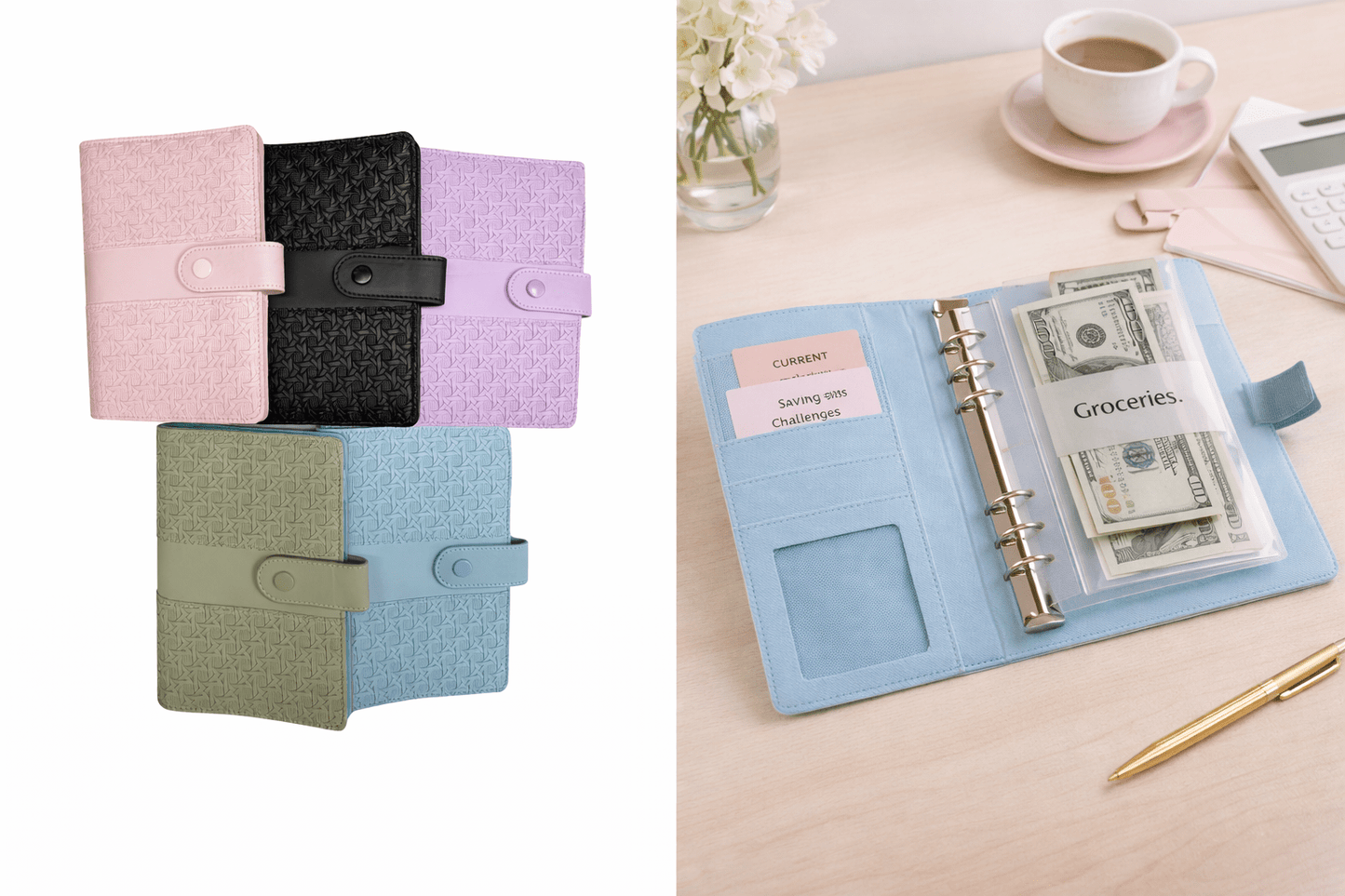 Kaia™ A6 woven faux leather personal organizer with six-ring binder design for planning, budgeting, journaling, note-taking, and everyday organization.