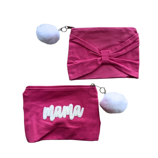 Mama Bow Canvas Pouch | Zipper Cosmetic & Everyday Essentials Bag - Splash of Charm