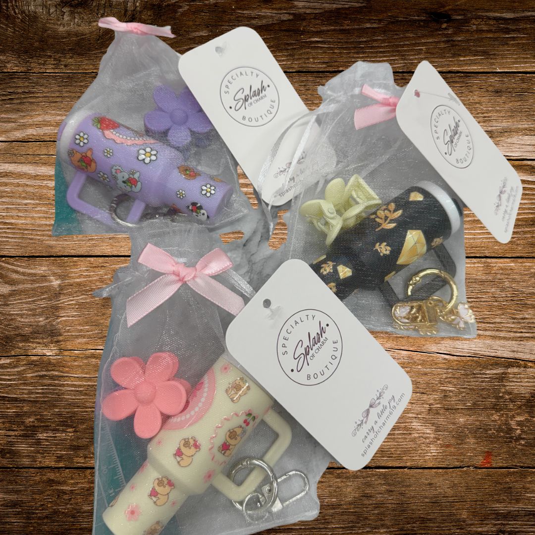 Mini stash tumbler charm keychain gift set in organza pouch with coordinating accessories