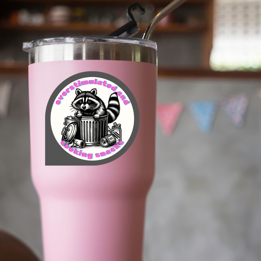 Overstimulated and Seeking Snacks Sticker | Neurospicy Raccoon Sticker - Splash of Charm