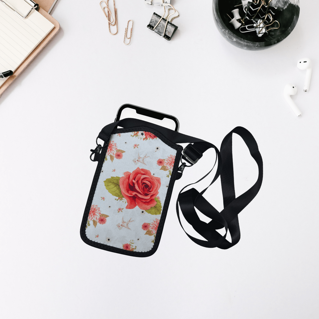 Pink Rose Neoprene Phone Sleeve with Lanyard β Floral Phone Holder - Splash of Charm