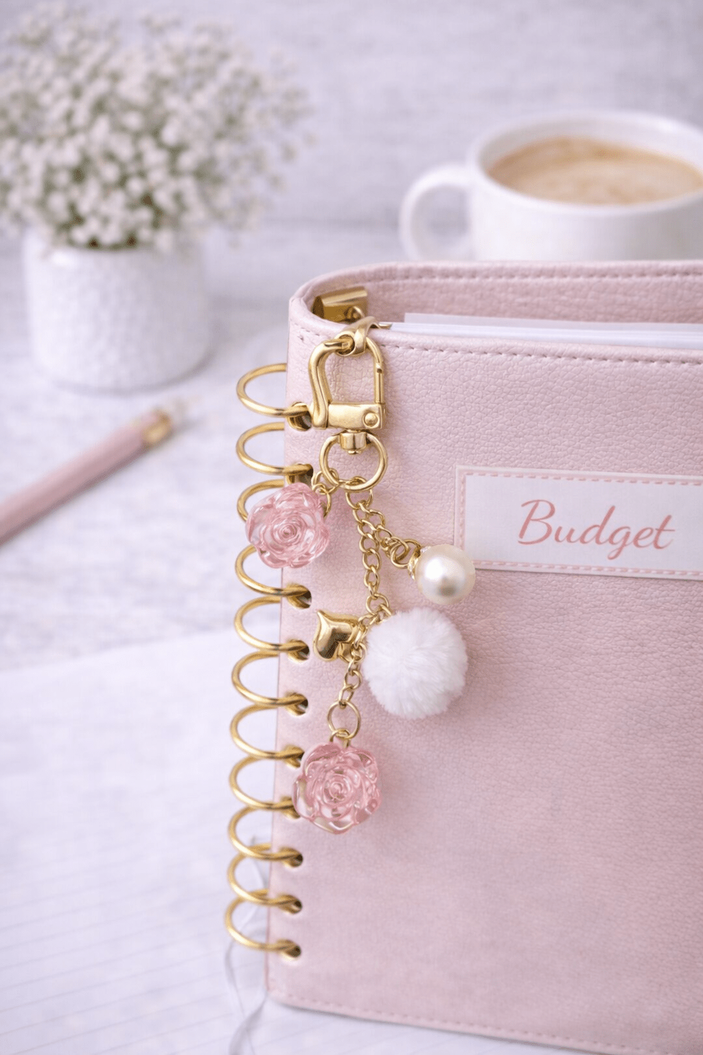 Pink Rose Pom Charm Keychain – Coquette Binder & Purse Accessory - Splash of Charm