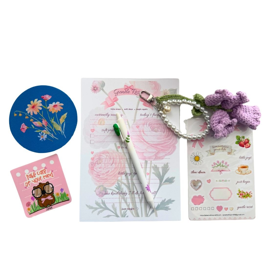 Cozy self-care stationery bundle designed for calm routines and soft reset moments
