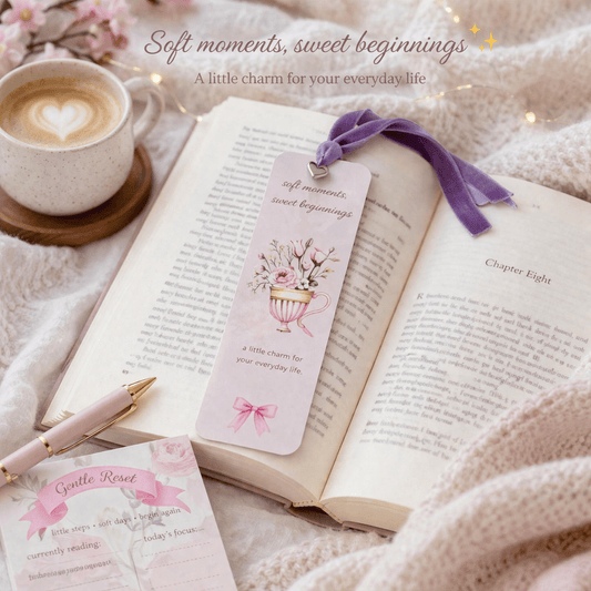 Soft Life Ribbon Bookmark | Laminated Floral Bookmark with Charm (2x6) - Splash of Charm