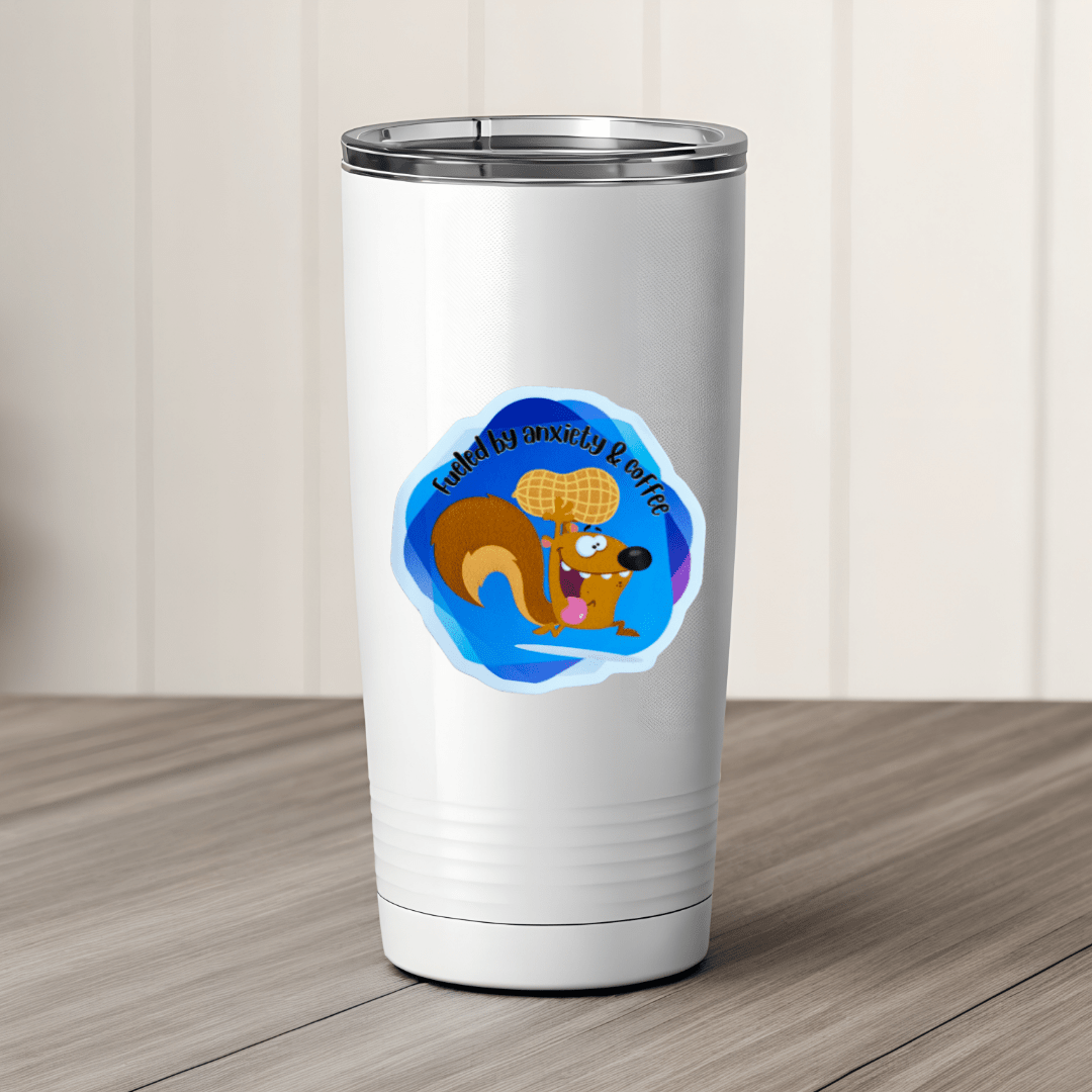 Cute funny squirrel sticker with fueled by anxiety and coffee text on blue background vinyl sticker design