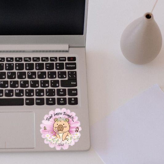 Think Happy Thoughts Capybara Sticker – Cute Calm Aesthetic Vinyl Decal - Splash of Charm