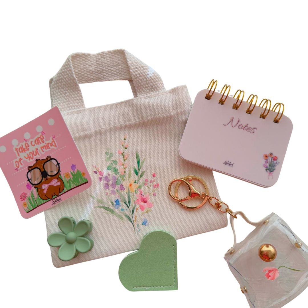 Cozy mini accessory bundle featuring floral stationery, tiny tote bag, and soft everyday self-care details