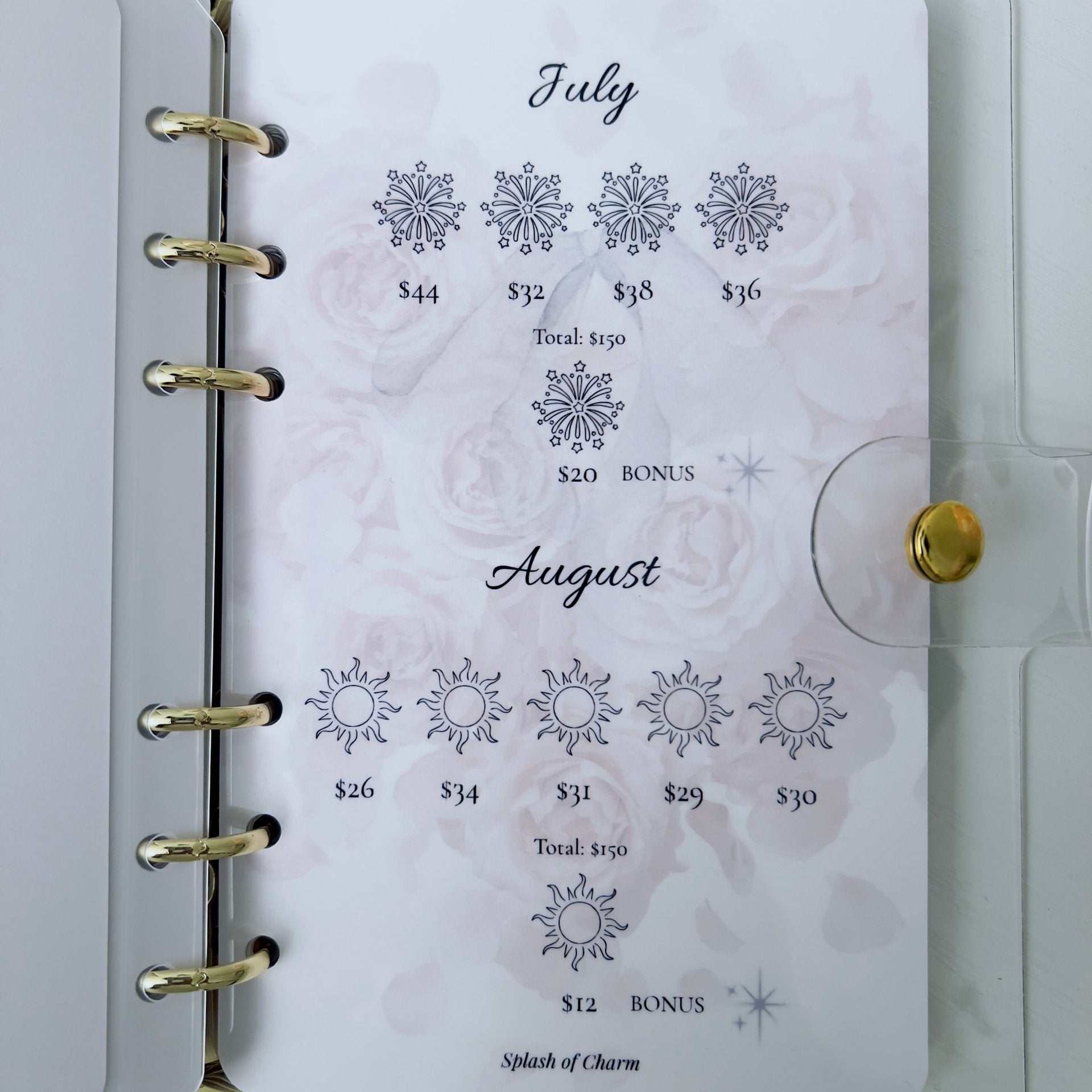 Inside view of A6 budget binder showing laminated savings challenge dashboard and inserts