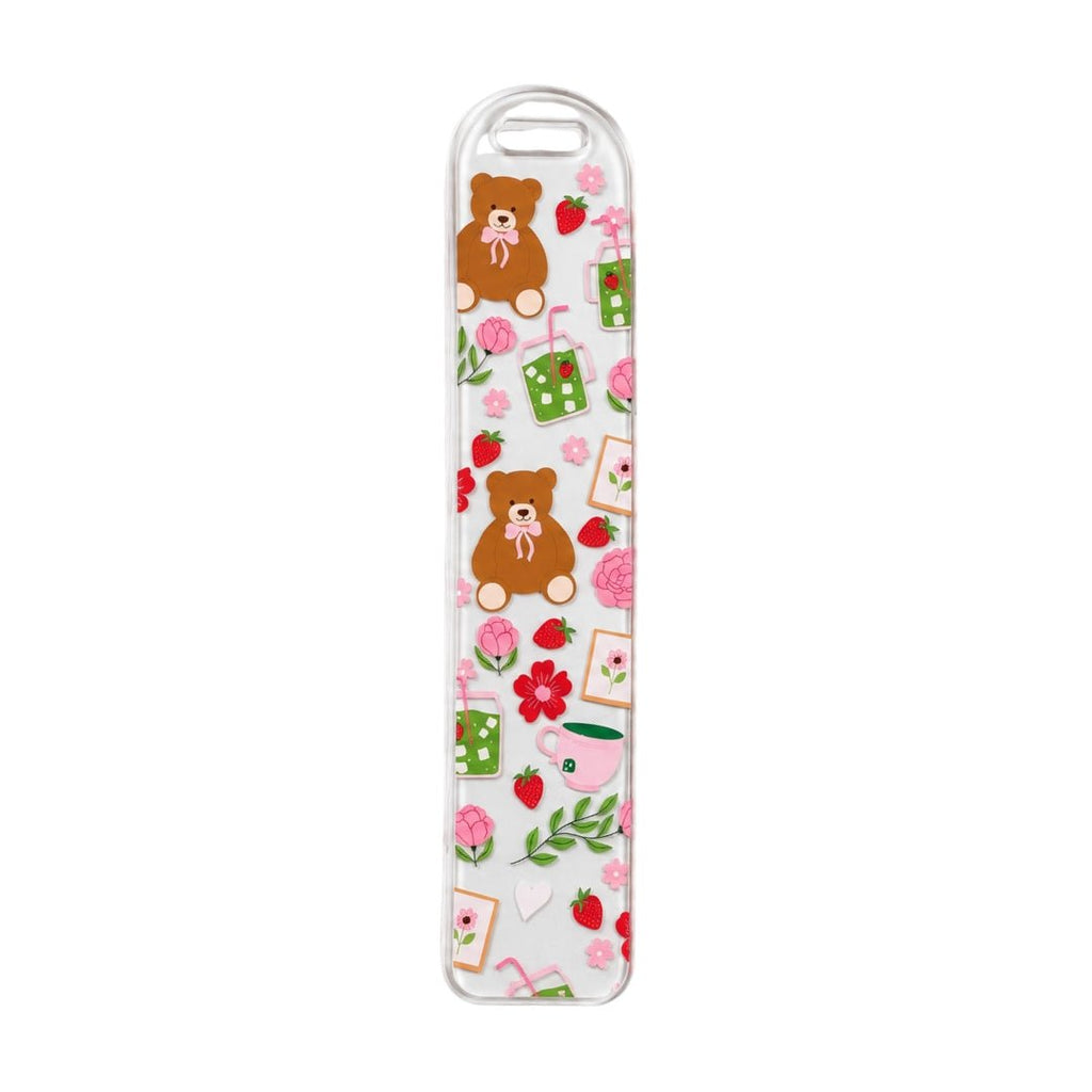 Clear acrylic bookmark decorated with teddy bears, matcha drinks, pink flowers, and strawberries