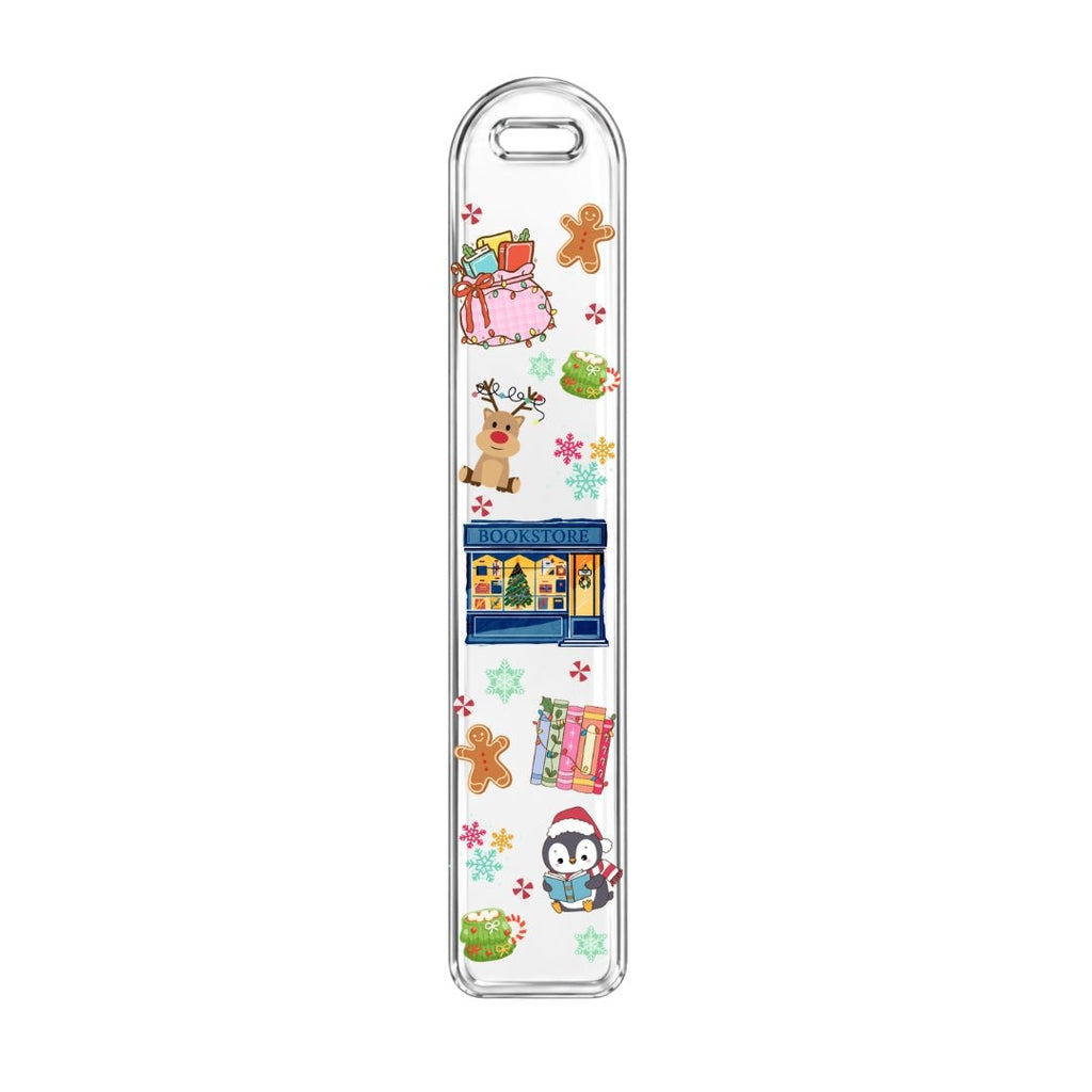 Clear acrylic bookmark with festive bookstore, gingerbread, reindeer, and holiday reading designs