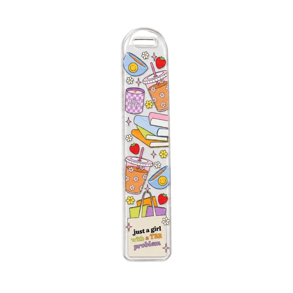 Clear acrylic bookmark with colorful books, drinks, strawberries, and TBR problem design