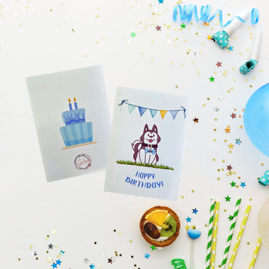 Bailey the Husky birthday card with cute dog illustration and white envelope by Splash of Charm