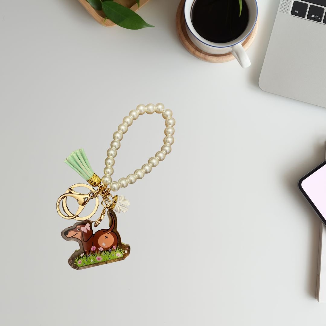 Bean the Weenie Dog Pearl Wristlet Keychain – Cute Dachshund Accessory - Splash of Charm