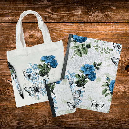 Blue Floral Travel Journal Stationery Set – Journal, Pocket Notebook, Pen & Mini Tote - Splash of Charm