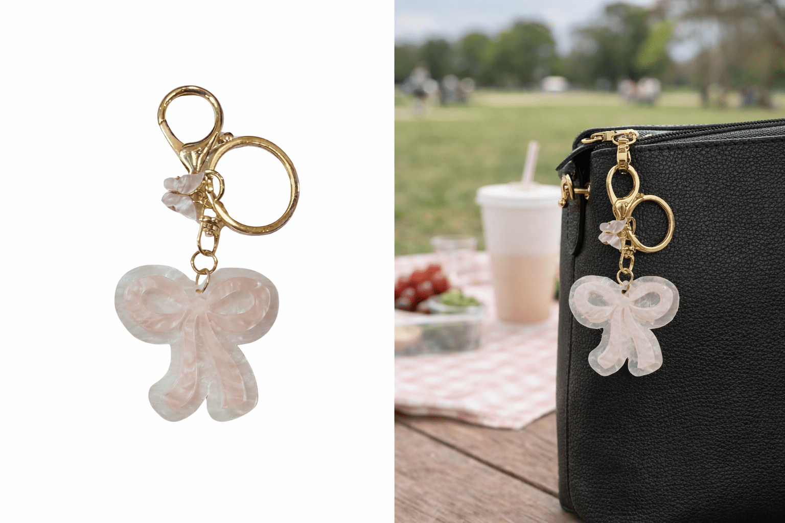 Blush Acrylic Bow Purse Charm Keychain – Gold Hardware Bag Accessory - Splash of Charm