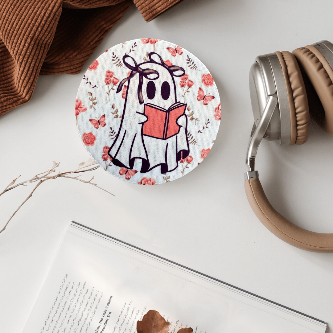 Boo - kish Coquette Reading Ghost Desk Coaster | Cute Halloween Office & Aesthetic Desk Décor - Splash of Charm