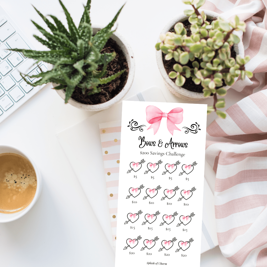 Bows and Arrows $200 savings challenge insert designed for soft life budgeting, featuring a gentle visual savings system for small, stress-free financial goals.