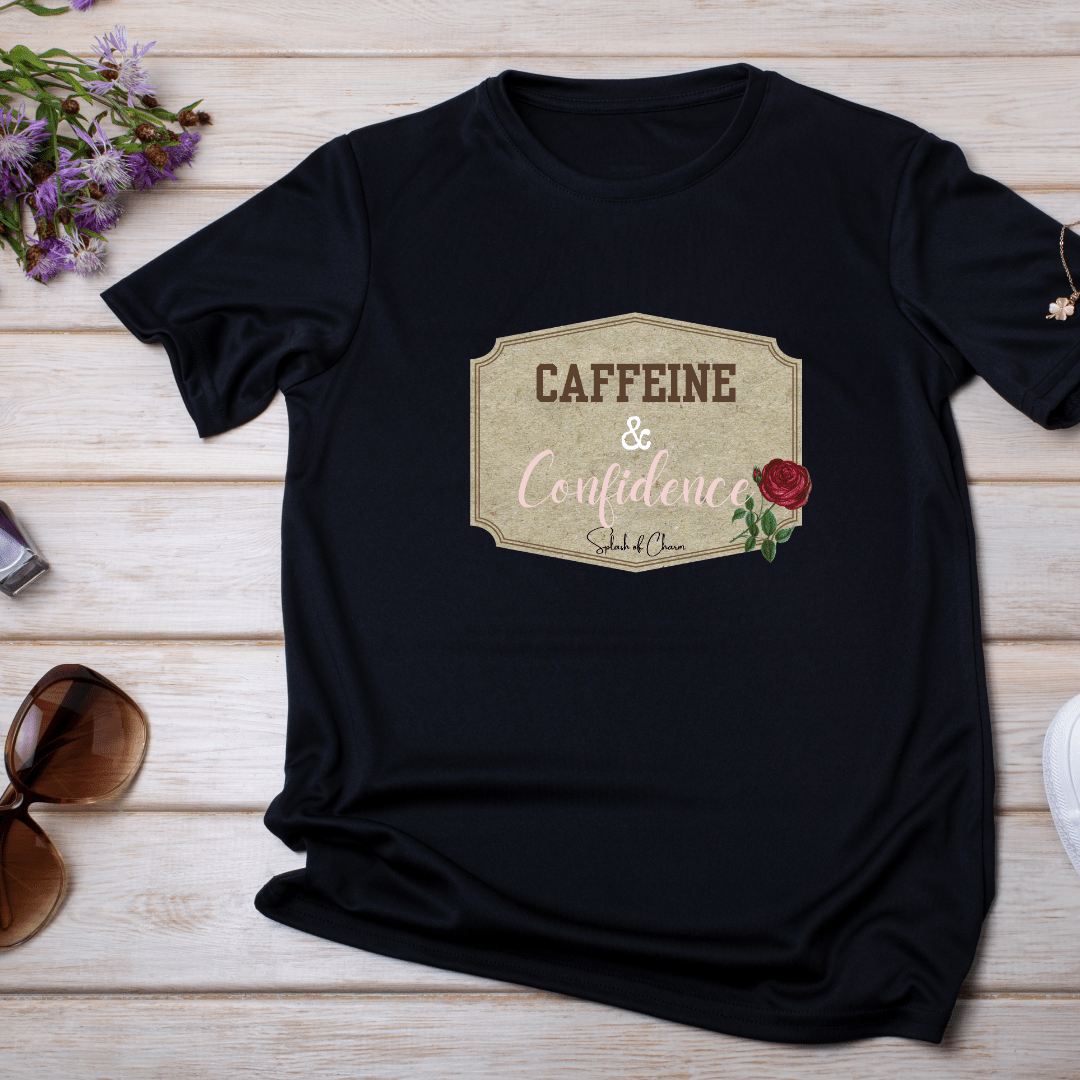 Caffeine and Confidence with Red Rose Black T-Shirt – Bold & Stylish Graphic Tee - Splash of Charm