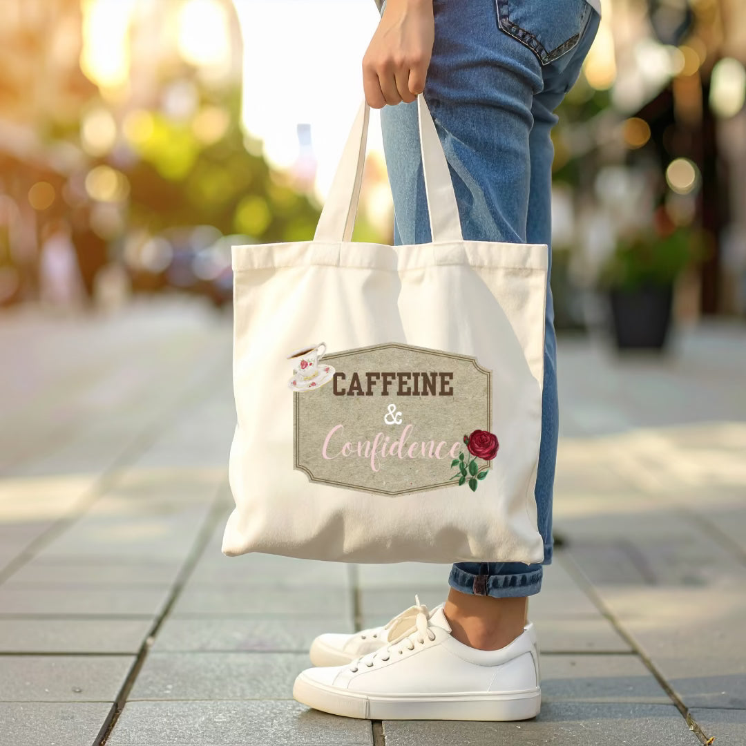 Street-view of woman on sidewalk holding tote with words "caffeine and confidence.:
