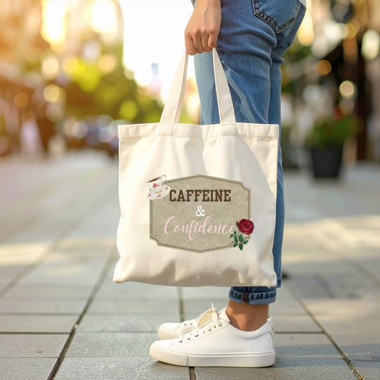 Street-view of woman on sidewalk holding tote with words "caffeine and confidence.:
