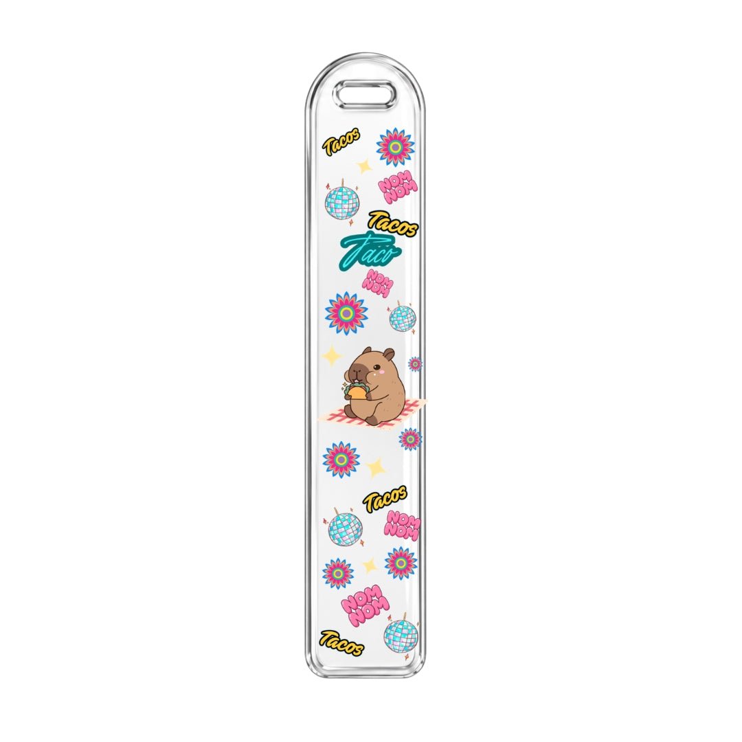 Taco capybara Charm Crew acrylic bookmark with colorful flowers, disco balls and taco illustrations