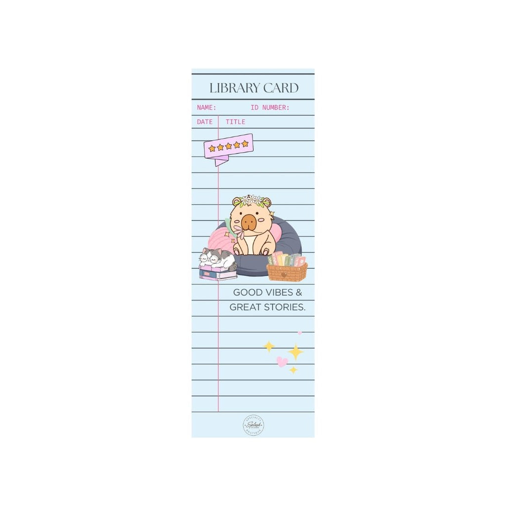 Hippie capybara library card bookmark with Good Vibes and Great Stories quote