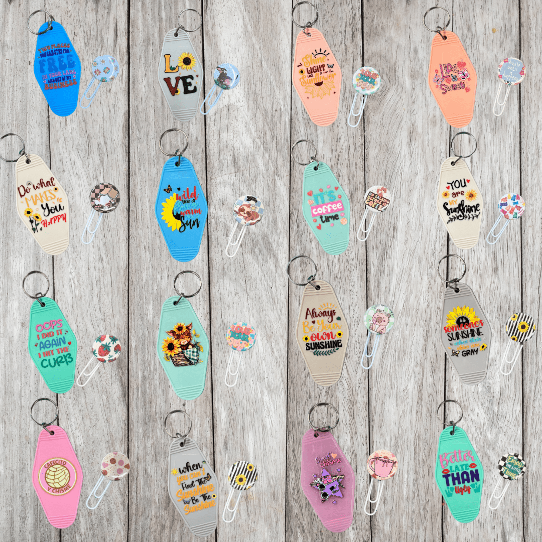 Colorful motel keychains with matching paperclip charms, cute Charm Crew accessory set