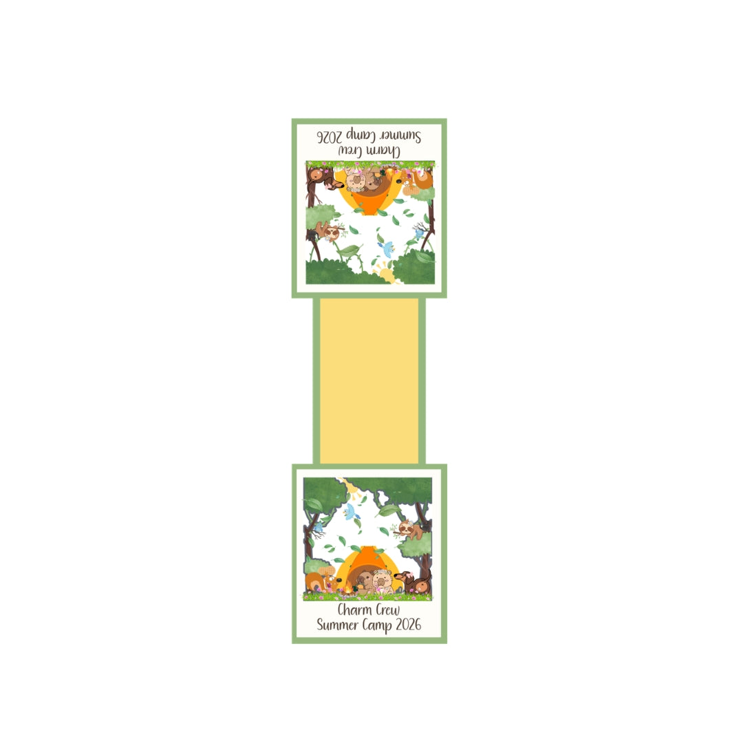 Handmade laminated Charm Crew Summer Camp magnetic bookmark with a yellow center and green border featuring the Charm Crew camping design.