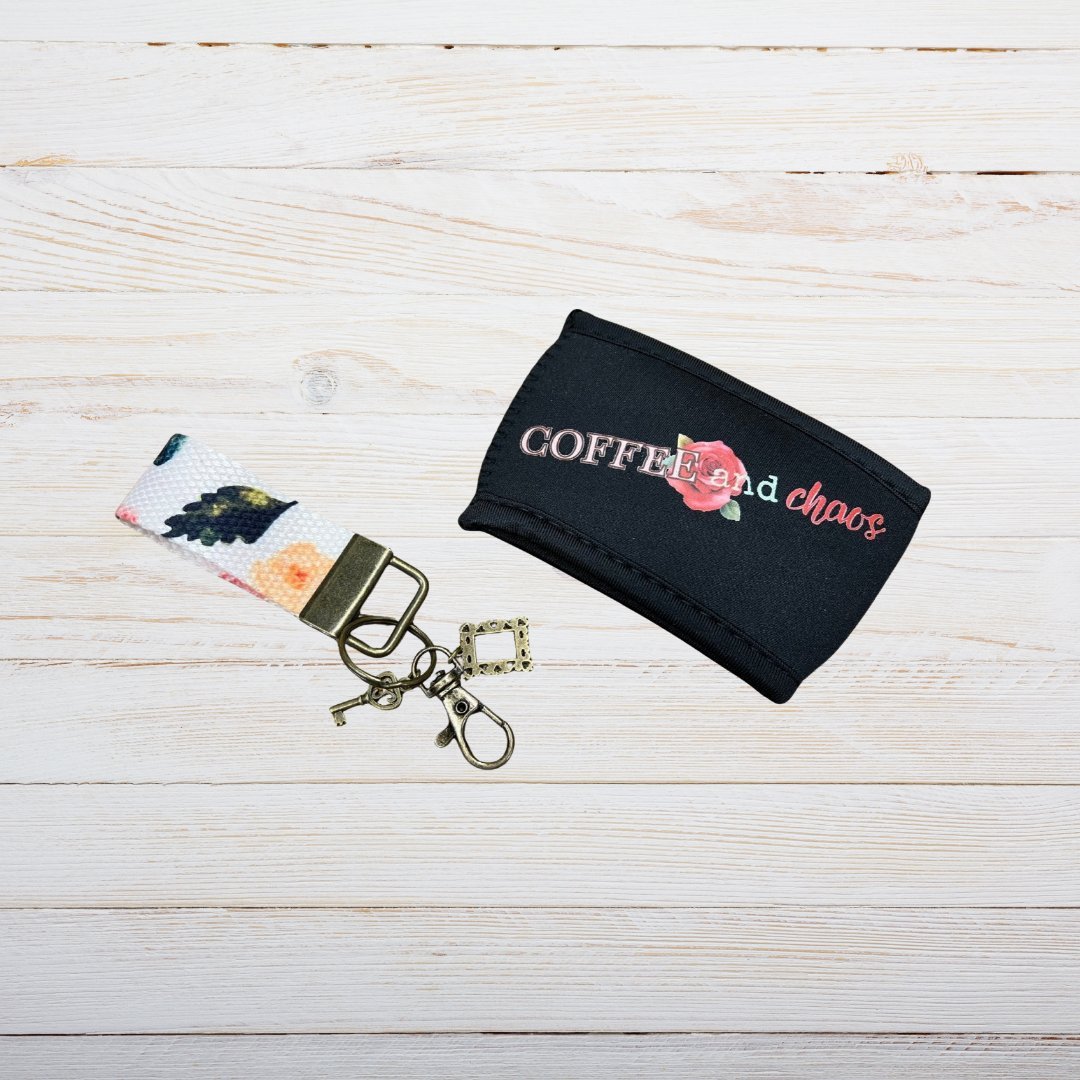 Coffee and Chaos Coffee Sleeve & Thumblet Keychain Set – Fun Gift - Splash of Charm