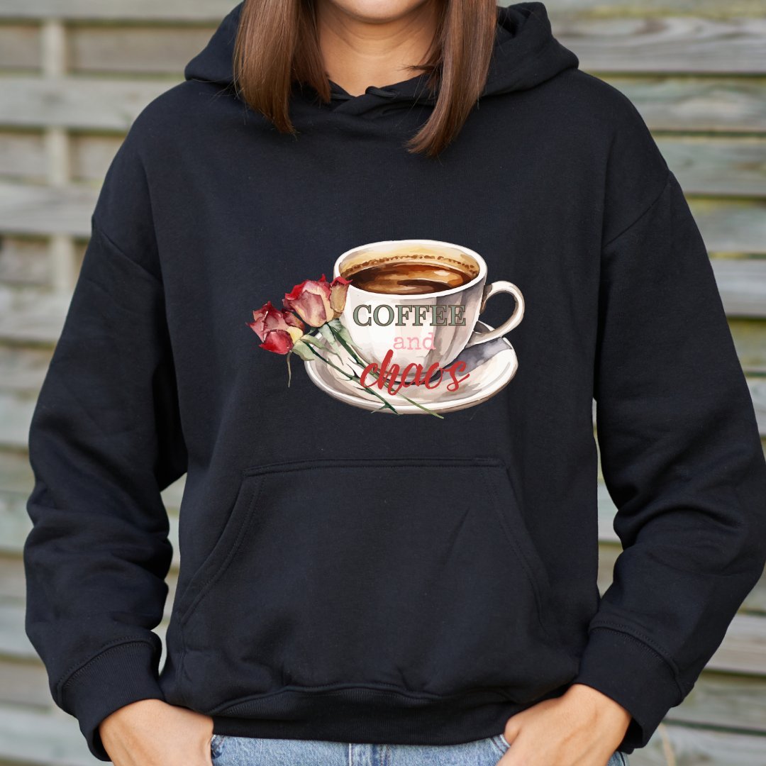 Coffee Cup and Red Roses Black Pullover Hoodie – Cozy & Stylish Graphic Hoodie - Splash of Charm