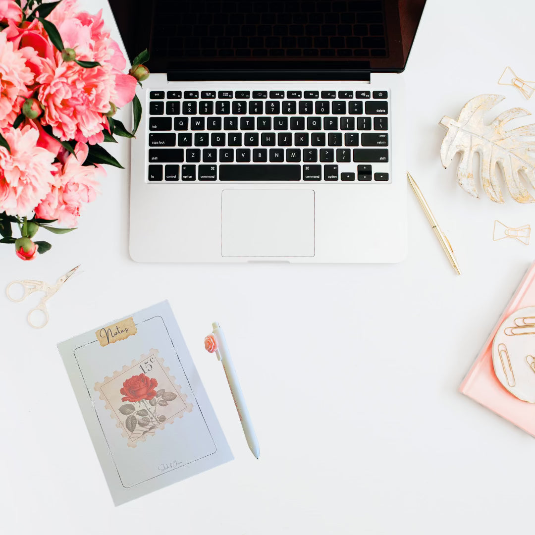 Red Rose and Vintage Stamp Notepad – Fun & Stylish Writing Pad - Splash of Charm