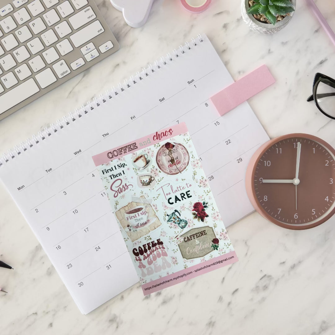 Coffee and Chaos sticker sheet featuring coffee cups, floral accents, and humorous coffee-themed phrases for planners and journals.