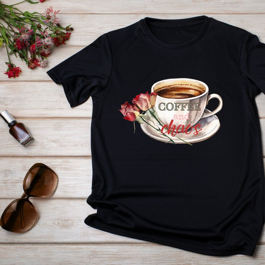 Coffee Cup and Vintage Red Roses T-Shirt – Floral & Fun Graphic Tee - Splash of Charm