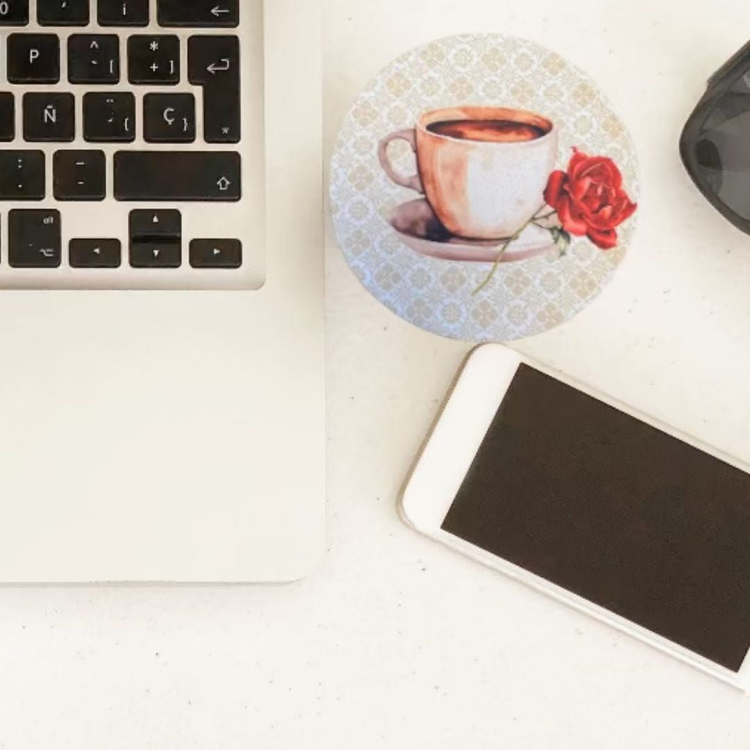 Coffee Cup and Red Rose Vintage Desk Coaster – Elegant Floral Drink Accessory - Splash of Charm