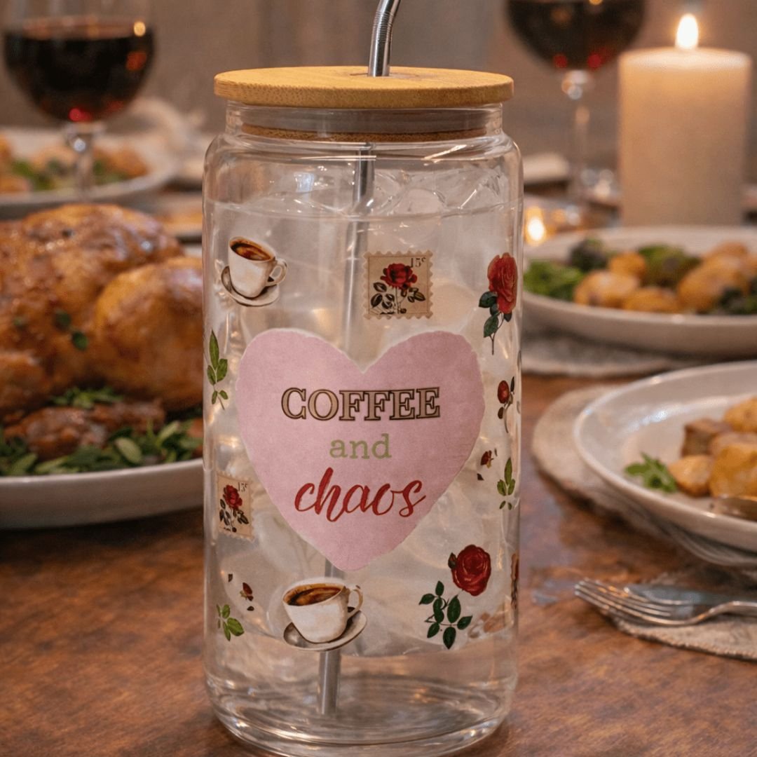Coffee & Roses Beer Can Glass Tumbler – Vintage - Inspired Floral Iced Coffee Cup - Splash of Charm