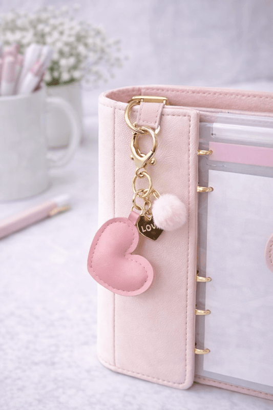 Coquette Heart Charm Keychain with Pom Pom – Purse & Binder Accessory - Splash of Charm
